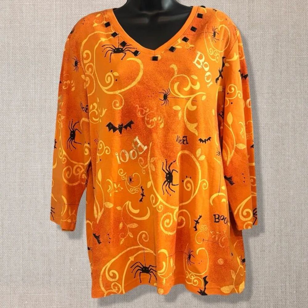 Onque Woman 1X Halloween Orange Spider Bat Boo Rhinestone Tunic Top NWT